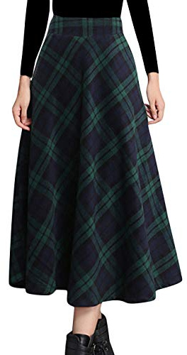 Tanming Women's Winter Warm Elastic Waist Wool Plaid A-Line Pleated Long Skirt (Green2-M)