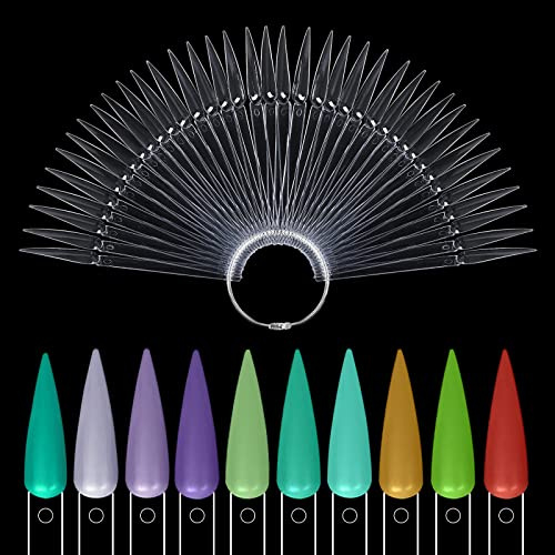 BNG 80 Stück Nagel Display, Nagelpalette Für Kunstnägel, Transparente Nagelspitzen Stöcke mit Ring Salon Übungswerkzeuge, Fächerförmige Nagel Kunst Falsche Spitze Farbkarte Gel Lack Display