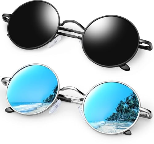 KANASTAL 2er Set Runde Sonnenbrille Herren Damen Retro Polarisierte Sonnenbrille Rund mit Metallrahmen Vintage Hippie Rave Brille UV400 Schutz, Polarisiert Schwarze und Verspiegelt Blau