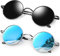 KANASTAL Lunettes de Soleil Homme Femme Ronde Bleu Miroir et Noir Rétro Classique Lunette Hippie Steampunk UV400 (Noir et Bleu)