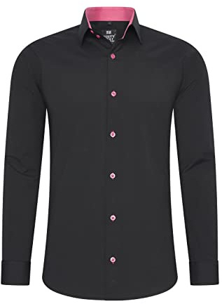 Rusty Neal Chemise pour homme Premium Coupe ajustée Manches longues Stretch Gris Col Kent Chemise d'affaires Chemise de loisirs M, noir/rose, L