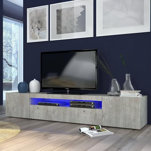 Dmora - Meuble TV Jesse, Buffet bas de salon avec 3 portes, Base pour meuble TV, 100% Made in Italy, 200x40h37 cm, Ciment, avec lumière LED