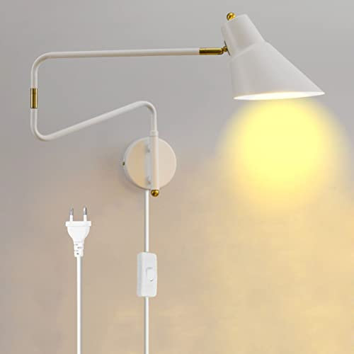 Industrielle Wandleuchte mit Schalter und Stecker, Wandlampe Verstellbar Metall Langer Arm, Wand-Leselampen mit Kabel Schwenkbar Nachttischlampe Schlafzimmer Wohnzimmerlampe Innen Wandbeleuchtung E27