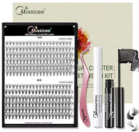 Wimpern Extensions Set, Missicee Falsche Lash Extension Set für Wimpernverlängerung mit Lang Anhaltende Einzelne Wimpern Kleber und Schuzter &Pinzette für Wimpernverlängerung（10D+20D 8–12 mm D Curl）…