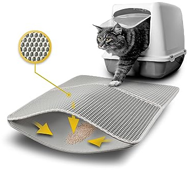 lionto Tappetino per lettiera per gatti con rivestimento antiscivolo, 76x61x1,3 cm, impermeabile e facile da pulire, assorbimento efficace della lettiera per gatti con design a nido d'ape, grigio