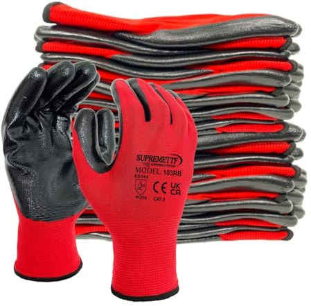 Supreme TTF 24 Pairs PREMIUM NITRILE COATED Red Nylon Work Gloves Builders Gardening Grip (Medium [Size 8])