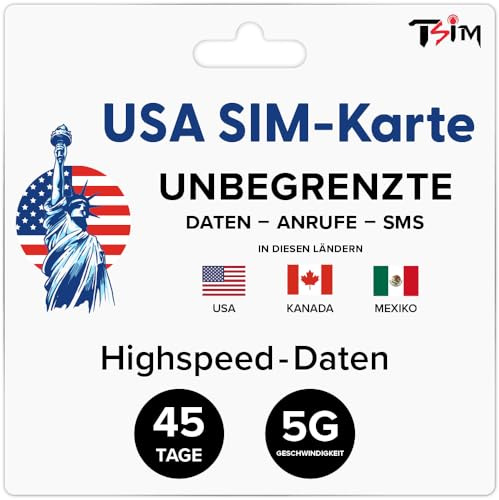 USA Kanada MEXIKO SIM-Karte | 45 Tage | Unbegrenzt Daten/Anrufe/SMS | Prepaid | Tethering/Hotspot/Internetein Sharing | 5G SIM-Karte!