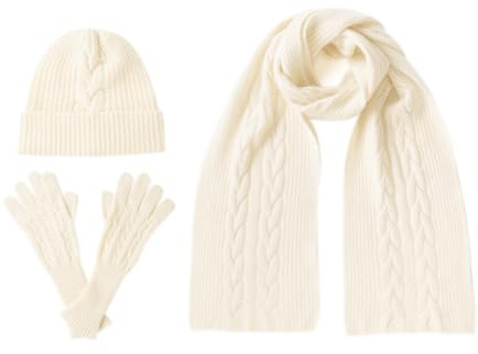 Villand Damen 3-teiliges Set aus 100% reinem Kaschmirschal, Hut und Handschuhen, Winter-Set mit Zopfmuster und Geschenkbox.