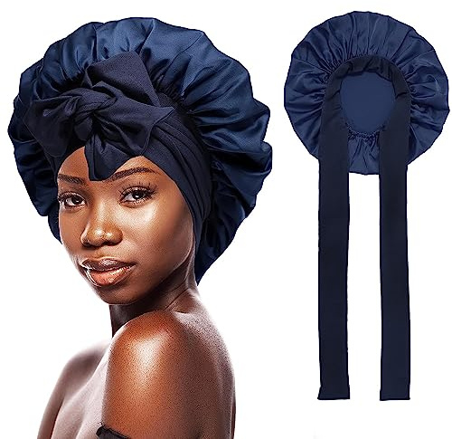 GUGUGO Seidenhaube zum Schlafen, Silk Bonnet, Verstellbare Seidenhaube, Schlafhaube Seide, Schlafmütze Damen, Satin Haube, Satin Haube Schlafen, Silk Sleeping Cap, Dunkelblau | Atmungsaktiv, Rutschfest, Sanft zu Locken, Weniger Frizz und Haarbruch, Bonnet für Hautpflege, Spa und Reisen