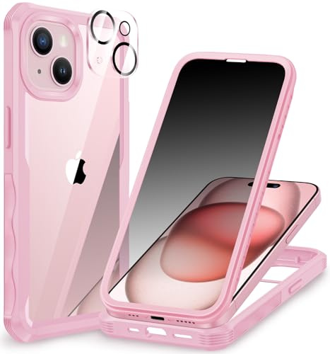 CENHUFO Anti Espion Coque iPhone 15, avec Protection écran Verre Trempé Anti Espion et Protecteur Caméra [9H HD] 360° Antichoc Téléphone Housse Double Face Case Intégrale Etui Transparente - Rose