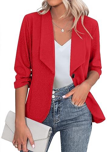 Zeagoo Damen Blazer Elegant 3/4 Arm Business Longblazer Slim Fit Revers Sakko Casual Arbeit Blazer Anzug Rot XL