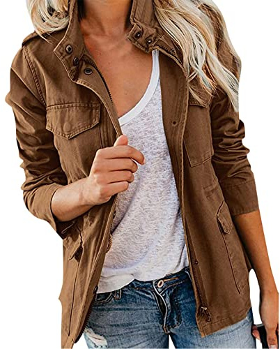EMUKFD Giacca a vento militare da donna, stile safari, con cerniera, leggera, con cappuccio, casual, primaverile e autunnale, con tasche, Marrone, L