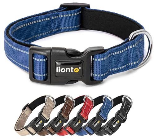 lionto Collar de Perro Acolchado Collar de Nylon Reflectante Impermeable Ajustable, Tamaño S, Azul