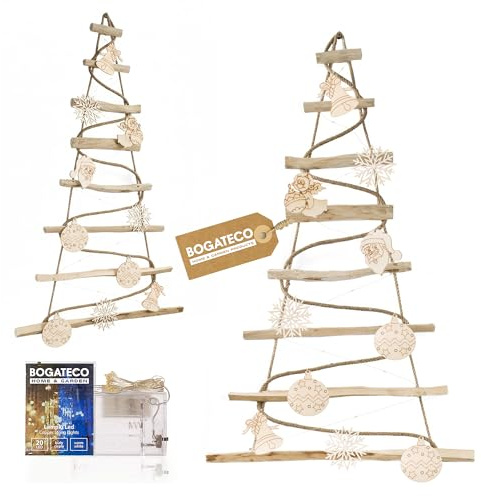 BOGATECO Handgemacht Weihnachtsbaum 95 cm hoch mit Dekorationen, aus Haselnussholz | Deko Anhänger | mit 200 cm LED-Leuchten | Holzplatten verbunden mit einem Juteseil mit Einer Dicke von 6 mm