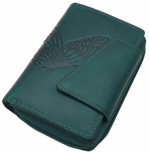 Echt Rindleder Damen Geldbörse/Geldbeutel/Portemonnaie/Geldtasche/Portmonee in Hochformat mit Schmetterling-Motiv oder ohne Motiv mit RFID & NFC Schutz (Petrol)