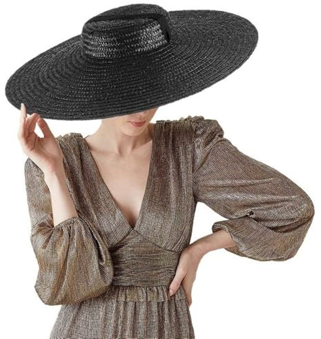 MELZY Jiaxu Sonnenhüte Großer breiter Rand flach top Sonne Strohhut Sommer modische Lange Bandhüte for Frauen Urlaub Vintage Beach Visierkappe