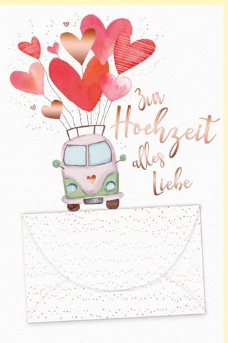 Skorpion Hochzeitskarte Vintage Herzballons & Bus auf Naturkarton für Glückwünsche und Geldgeschenke - mit Umschlag