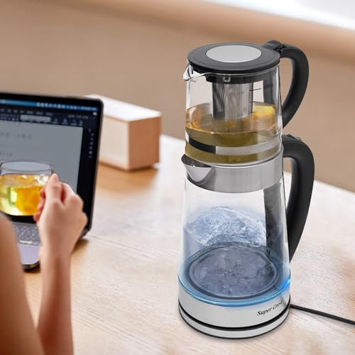 2.5L Bouilloire électrique en verre avec Petite théière Bouilloire portable, Bouilloire et théière électriques Infuseur et filtre amovibles 1800W 220V pour infusion de feuilles