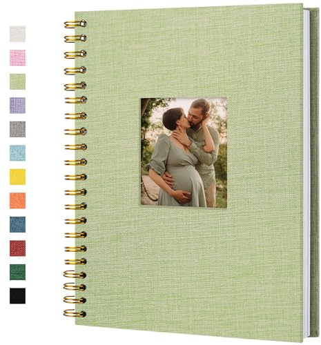 HIWHY Scrapbook fotoalbum linneskydd med gör-det-själv-fönster 28 x 20 cm vit inre papper minnesbok med 20 ark/40 sidor gräsgrön