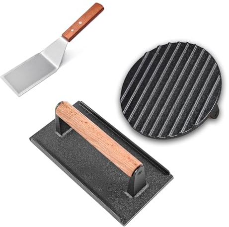 Hmseng Burger Press 7 Round & 8.2‘’X4.3”Rectangle,Heavy-Duty Cast Iron Grill Press with Wood Handle, Bacon Press,Sandwich Press -2 Set
