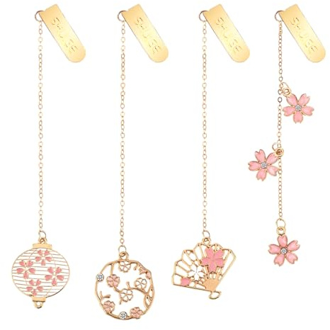 Lesezeichen,4PCS Lesezeichen Personalisiert,Metallische Kirschblüten-Lesezeichen mit Kette, Geschenk für Buchliebhaber,Bookmark, Quaste Nettes Lesezeichen, lesezeichen mädchen