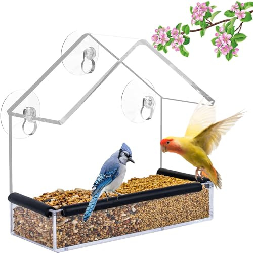 NEKOUSKI Comedero para Ventanas para pájaros, Ventana de acrílico con ventosas Fuertes, comedero de plástico para pájaros Silvestres, comedero Transparente para para jardín al Aire Libre