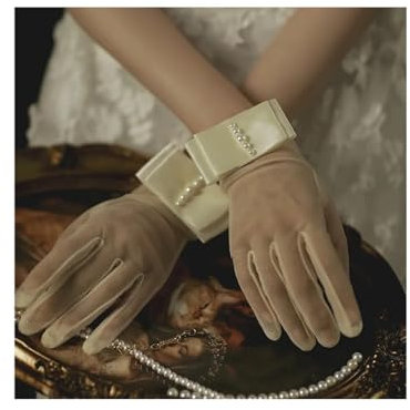 NihaoWXM Hochzeit Perlenhandschuhe Spitze Kurze Satin Tüll Brauthandschuhe Tea Party Oper Abschlussball Handschuhe Hochzeitsaccessoires Hochzeitshandschuhe(F Bow Champagne)