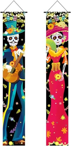 Fopytu 2 Pièces Décorations du Jour des Morts Bannière De Porte De Signe De Porche, Décor Dia De Los Muertos Halloween Bienvenue Drapeau De Porte Suspendu Décor Intérieur Extérieur