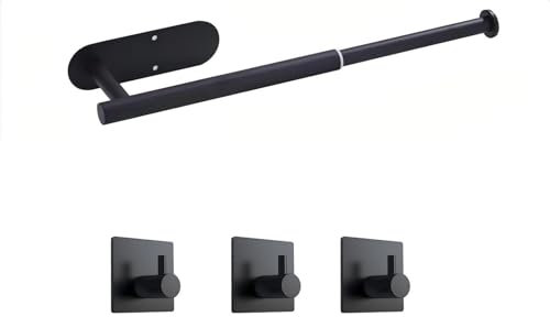Audlay Handtuchhalter, Tissue Rack, ausziehbarer Handtuchhalter, ausziehbarer Handtuchhalter, Selbstklebender Tissue Rack, einschließlich Handtuchhalter und 3-Bademantel Handtuchhaken(Black)