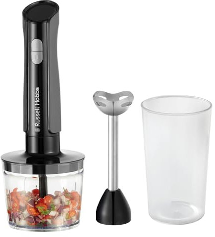 Russell Hobbs Batidora de inmersión [batidora de mano 3 en 1] Picadora eléctrica (procesador de alimentos con 3 accesorios para alimentos para bebés, batidos, sopa, 2 velocidades + pulso, acero