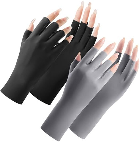 SUJAYU 2 pares de guantes UV para manicura de gel, guante UPF sin dedos para mujer, guantes de uñas UV (negro + gris oscuro)