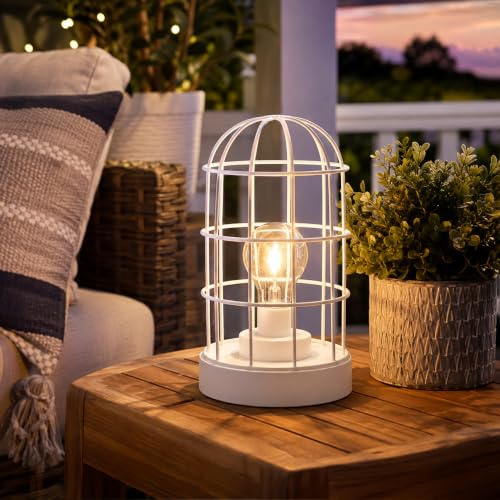 JHY DESIGN Battery Operated Lantern 25cm H Decorative Table Lamp Metal Cage Cordless Light with LED Bulb for Home Decor Living Room Bedroom Kitchen Wedding Patio (White)