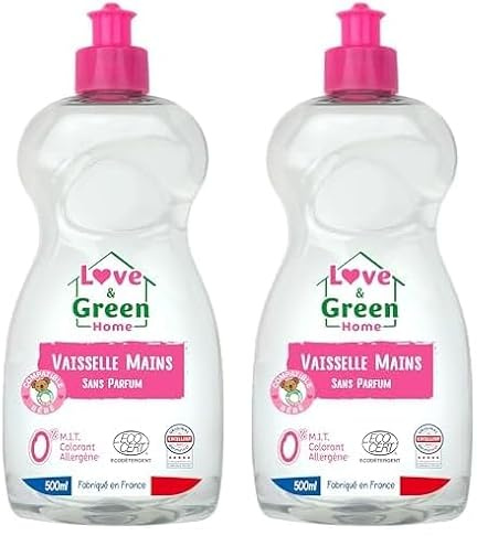 Love & Green Home Liquide Vaisselle mains écologique certifié Dermatest et Ecodétergent par Ecocert. Sans parfum - Compatible bébé - Fabriqué en France - 500ml (Lot de 2)
