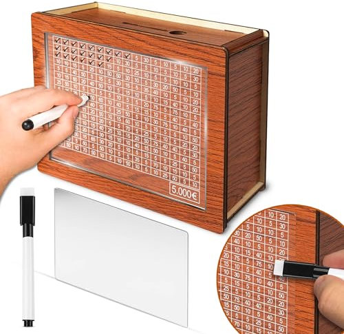 Tirelire Japonaise Magique 5000€ avec Vitre Acrylique – Bois Naturel & Compteur Économie Argent – pour Adultes sans Ouverture – Boîte Épargne Billets Pièces – Idée Cadeau Homme Femme