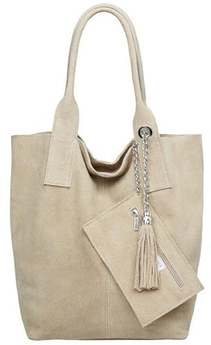Caspar große Wildleder Shopper Schultertasche XL Damen Handtasche aus Leder mit stylischer Metallkette & kleiner Zusatztasche - CLASSIC LINE - Modell No.828 - Made in Italy