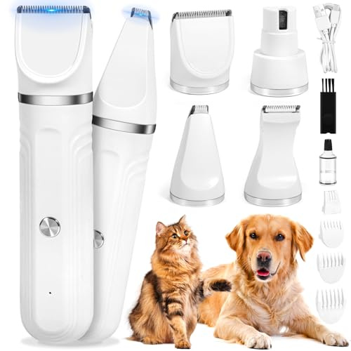 NXPZ 4-en-1 Tondeuse Chien Chat Professionnelle Sans Fil, Tondeuse Animaux Silencieuse, avec 4 Têtes de Coupe Multifonctions, Charge USB-C, pour Pattes, Yeux, Oreilles et Visage de Chats et Chiens