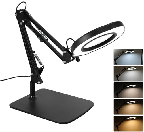 PCXWTLN 10X Lupe mit Licht, 5 Farbmodi Lupen Stufenloser Dimmbarkeit LED Vergrößerungsglas Schwarz Freihändige Schreibtischlampe mit Klemme und Ständer für Handwerkliche Reparaturen Lesen Malerei