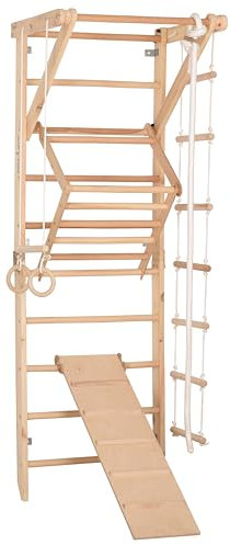 Kletterwand für Kinder und Erwachsene – Klettergerüst Indoor aus Holz mit Wand-Reck, Stange, Gymnastikringen, Kletterseil, schwedischer Leiter, höhenverstellbarer Klimmzugstange-