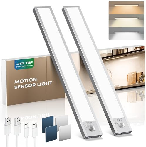 LROLTEF Luce LED Sottopensile Cucina 21CM 1500mAh 3 Temperature Colore 32 LED Sensore di Movimento per Luci - Luce Armadio Lampada Dimmerabile per Cucina Scale Soggiorno Bagno|2 Pezzi