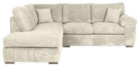 Bliss Furniture Amalfi Jumbo Cord L-Shape 4 Seater Corner Sofa for Family Living Rooms – Left-Hand Chaise, Corduroy, Birch Frame, Memory Foam – High Back Sectional Couch (Cream, Left Hand Corner)