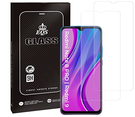 EQS' [2 unidades Protector de Pantalla Cristal Templado para Xiaomi Redmi Note 8 Pro/Redmi Note 9, Resistente A Golpes Y Arañazos, Dureza 9h, Definición Hd, Sin Burbujas,Antihuellas,Calidad Buena