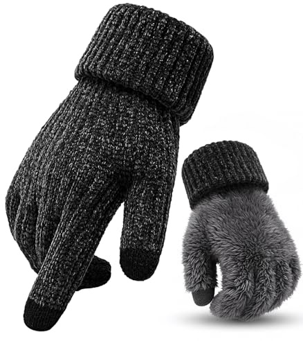 Winter Handschuhe Strickhandschuhe Herren - Touchscreen Wollhandschuhe für Herren Damen, Warme Winterhandschuhe mit Fleecefutter, Dicke Chenille Handschuhe Geeignet Outdoor Winter