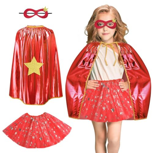 AUYAO Superhjältekappa Femuddig Stjärnkostym Barn 3 Styck Supergirl Dubbelsidig Kappa med Mask och Kjol Halloweenkostym Barnkostym Flickor Karnevalskostymer Cosplay Kappa Barn (A-Röd)