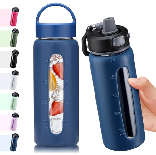 BLUEGO 600ml Bouteille d'eau verre avec 2 couvercles-Couvercle à verrouillage par simple pression et poignée Gourde réutilisable avec marquage du temps Pour voyages Maison Sport Sans BPA, Bleu foncé