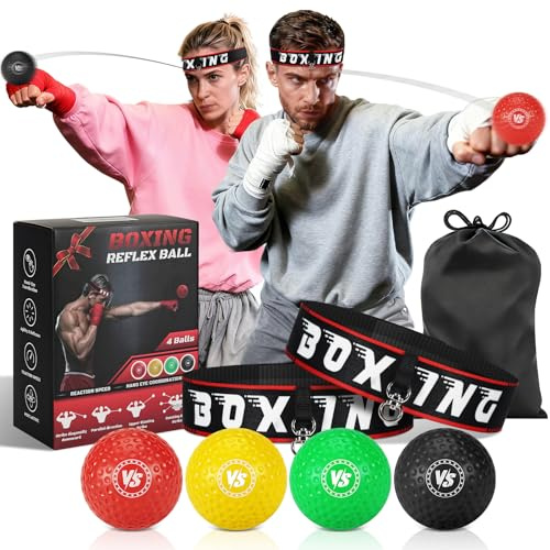 NZQXJXZ Set de Balles de Réflexe de Boxe avec Bandeau pour Adultes, 4 Balles de Réaction et 2 Bandeaux Réglables, Équipement d’Entraînement pour Réflexe, Vitesse de Frappe et Coordination Œil-Main