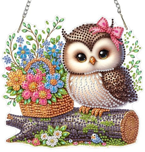 MXJSUA Süße Eule Diamond Painting Anhänger mit Kette Erwachsene, Diamant Painting Fensterbilder Hängende Ornament Bastelset Set für Wand Und Eingang Decor