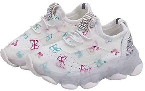 Generisch Zapatillas de deporte para niñas con diseño de mariposas suelas luminosas para niños activos transpirables cordones flexibles, Blanco, 25 EU