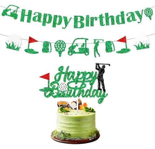 Golf Birthday Decorations, Glitter Happy Birthday Banner & Golf Cake Decorations, Sports Theme Party Decor for Golf Ball Player, Golf Themed Party Decorations for Man Boy Girl