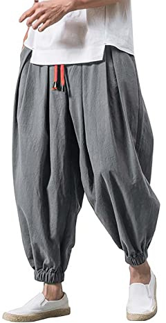 Generico Pantaloni Baggy da Uomo in Stile Harem Giapponese Pantaloni Cotone e Lino Pantaloni Casual Lunghi Cavallo Basso Hip-Hop Joggers Pantalaccio Calzoncini Streetwear Quotidiano