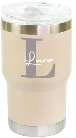 Herz & Heim® Thermobecher personalisiert mit Initiale & Name – 350 ml Edelstahl Kaffeebecher mit Keramik – auslaufsicher & doppelwandig – To Go Becher Geschenkidee (Beige)